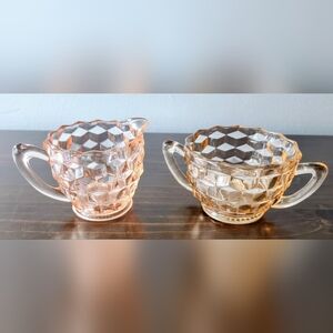 Vintage 1930s Pink Depression Glass Cream & Sugar Bowl Jeannette Cubist Style